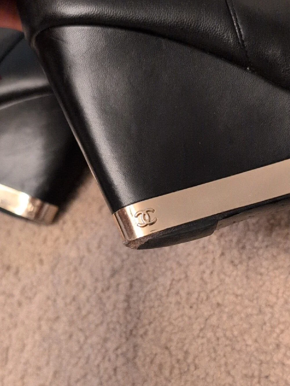 Black Leather Over The Knee High Wedge Boots CHANEL
